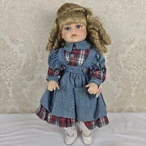 Vintage Delton Porcelain Doll Blue Eyes Blond Ringlets Denim Jumper Plaid Dress